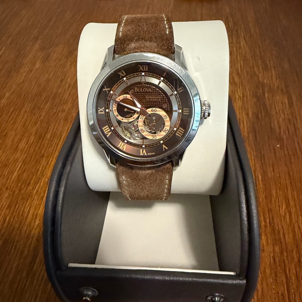 Bulova Automatic Semi-Skeletonized Silver and Brown Watch